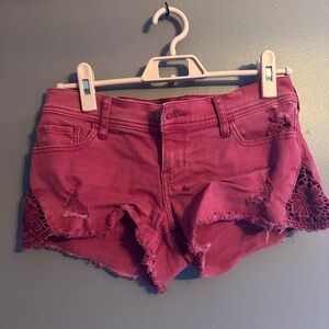 Hollister Wine-Red Distressed Lace-Trim Jean Shorts